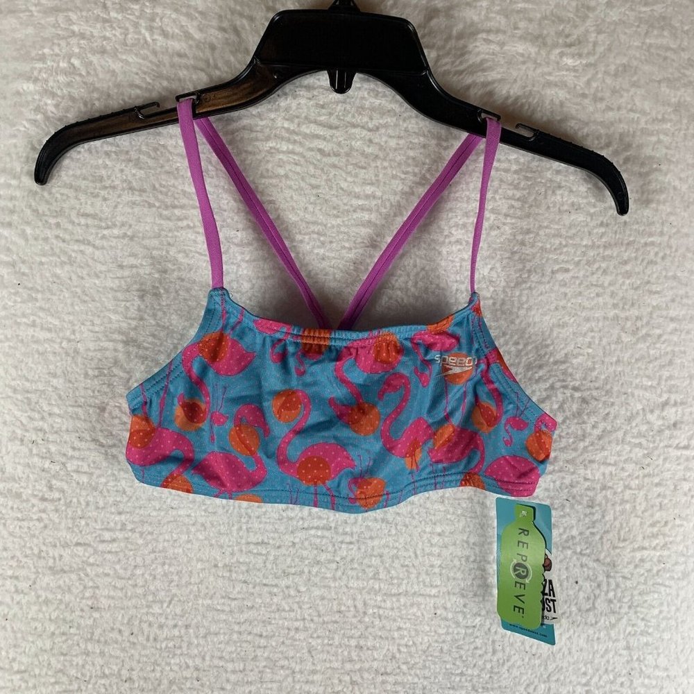Speedo Bikini Top Women's Small Blue Flamingo Dot Fixed Back Performance 8065